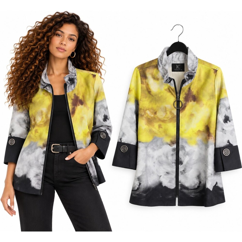 New IC Collection Connie K Watercolor Jacket Size M Yellow Gray Abstract Zip